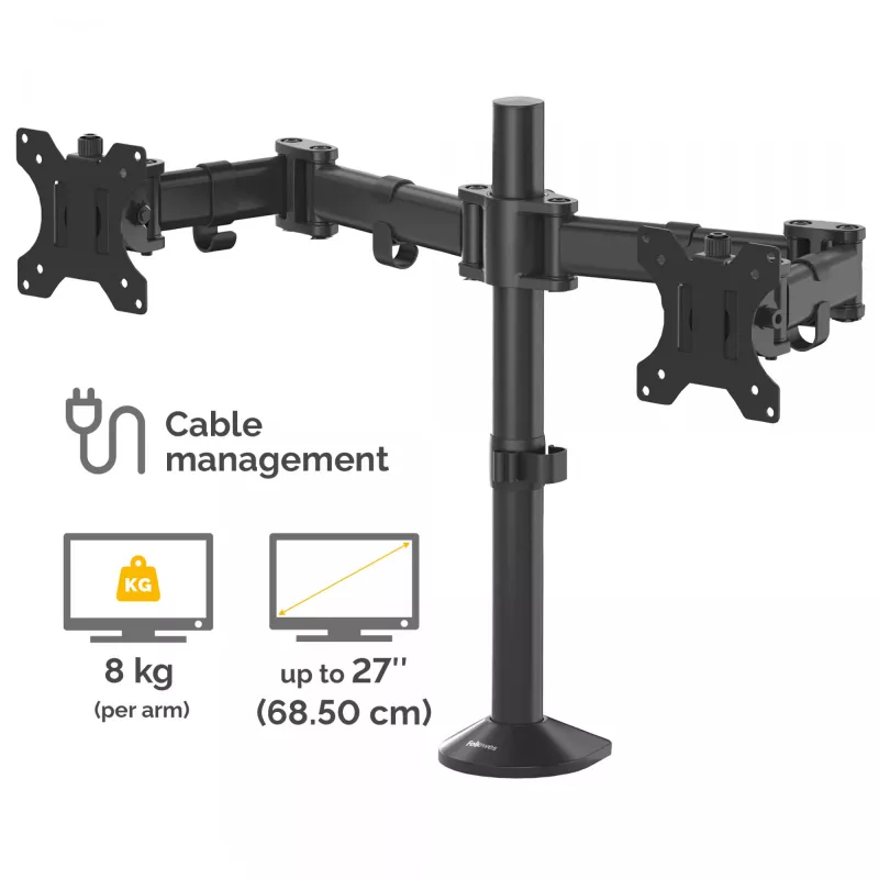 Fellowes Reflex divu monitoru rokas statīvs - Divu monitoru stiprinājums ekrāniem līdz 8 kg un 27 collām - Regulējams monitoru galda statīvs - Slīpums 45°, Pagriešana 180°, Rotācija 360°, VESA 75 x 75/100 x 100 - Melns