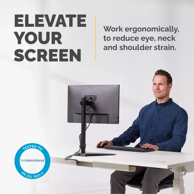 Fellowes Seasa viena monitora svira – brīvi stāvošs monitora statīvs 8 kg monitoriem ar 32 collu ekrāniem – ergonomiski regulējama monitora svira – slīpums 45°, pagriešana 120°, rotācija 360°, VESA 75 x 75/100 x 100 – melna