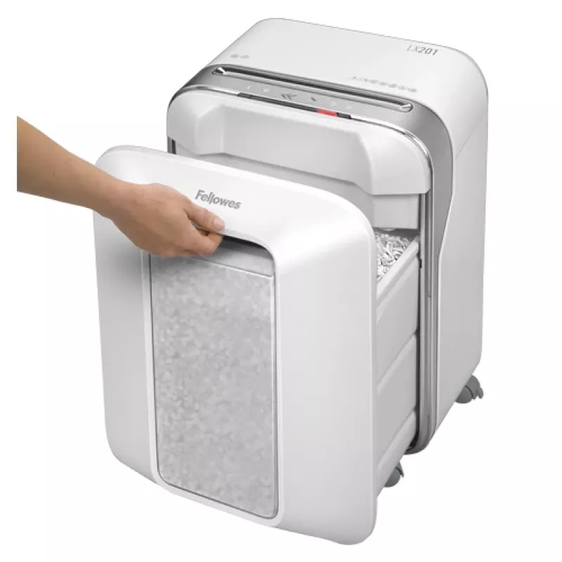 Fellowes Powershred LX201 Micro-Cut smalcinātājs balts, Micro-cut smalcināšana, 23 cm, 2 x 12 mm, 22 L, pieskāriena, 4 riteņi