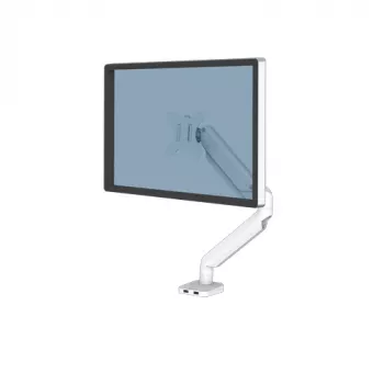 Fellowes Platinum Series monitora svira - monitora stiprinājums 8 kg 40 collu ekrāniem - regulējams monitora galda stiprinājums - slīpums 45°, pagriešana 180°, grozīšana 360°, rotācija 360°, VESA 75 x 75/100 x 100 - balta