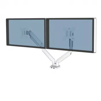 Fellowes Platinum sērijas dubultā monitora svira — monitora stiprinājums diviem 8 kg smagiem 40 collu ekrāniem — regulējams dubultā monitora galda stiprinājums — noliece 45°, pagrieziens 180°, grozīšana 360°, rotācija 360°, VESA 75 x 75/100 x 100 — balts