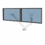 Fellowes Platinum sērijas dubultā monitora svira — monitora stiprinājums diviem 8 kg smagiem 40 collu ekrāniem — regulējams dubultā monitora galda stiprinājums — noliece 45°, pagrieziens 180°, grozīšana 360°, rotācija 360°, VESA 75 x 75/100 x 100 — balts