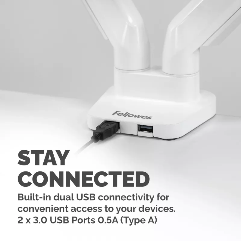 Fellowes Platinum sērijas dubultā monitora svira — monitora stiprinājums diviem 8 kg smagiem 40 collu ekrāniem — regulējams dubultā monitora galda stiprinājums — noliece 45°, pagrieziens 180°, grozīšana 360°, rotācija 360°, VESA 75 x 75/100 x 100 — balts