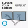 Fellowes Platinum Series dubultais monitora statīvs – monitora stiprinājums diviem 8 kg 40 collu ekrāniem – regulējams dubultais monitora galda statīvs – slīpums 45°, pagrieziens 180°, grozīšanās 360°, rotācija 360°, VESA 75 x 75/100 x 100 – sudrabains