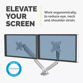 Fellowes Platinum Series dubultais monitora statīvs – monitora stiprinājums diviem 8 kg 40 collu ekrāniem – regulējams dubultais monitora galda statīvs – slīpums 45°, pagrieziens 180°, grozīšanās 360°, rotācija 360°, VESA 75 x 75/100 x 100 – sudrabains
