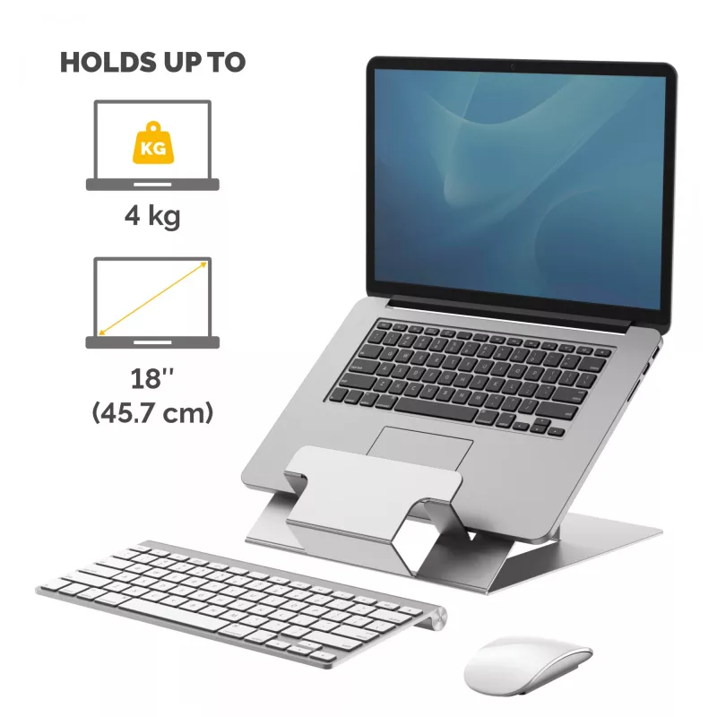 Fellowes klēpjdatora statīvs galdam - Hylyft regulējams klēpjdatora statīvs mājām un birojam - klēpjdatora pacēlājs ar 6 augstuma regulējumiem - maksimālais monitora izmērs 17 collas, maksimālais svars 5 kg - sudrabains/melns