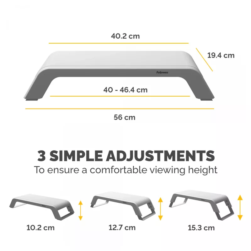 Fellowes datora monitora statīvs ar 3 augstuma regulējumiem - Hana LT monitora paaugstinājums - ergonomisks regulējams monitora statīvs datoriem - maksimālais svars 22,6 kg - balts