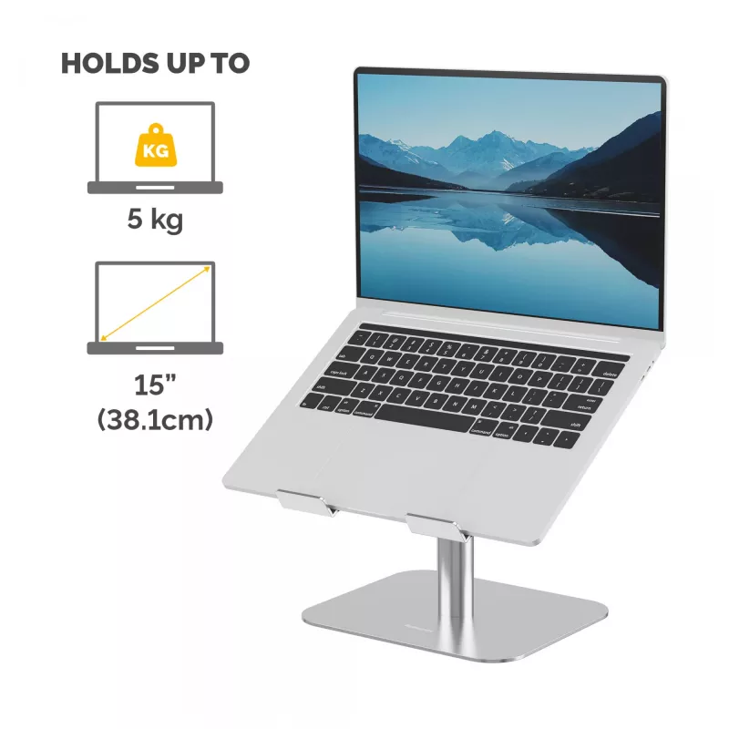 Fellowes Alumia klēpjdatora pacēlājs, galda klēpjdatora statīvs, maks. izmērs 15 collas, maks. svars 5 kg, sudraba krāsā