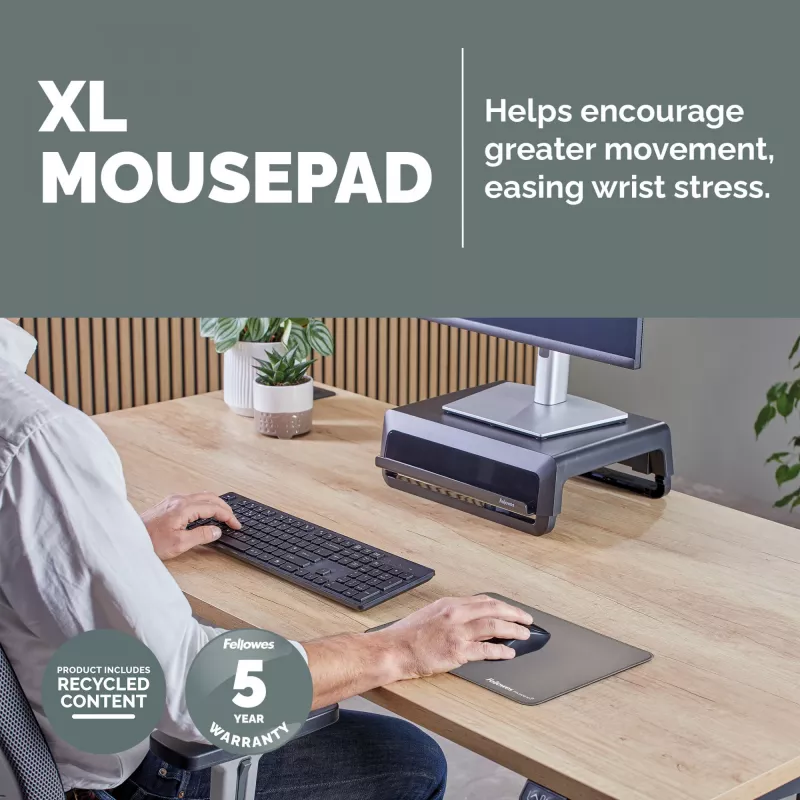 Fellowes Breyta XL peļu paliktnis ar neslīdošu pamatni XL peļu paliktnis ar antibakteriālu aizsardzību pelēkā krāsā