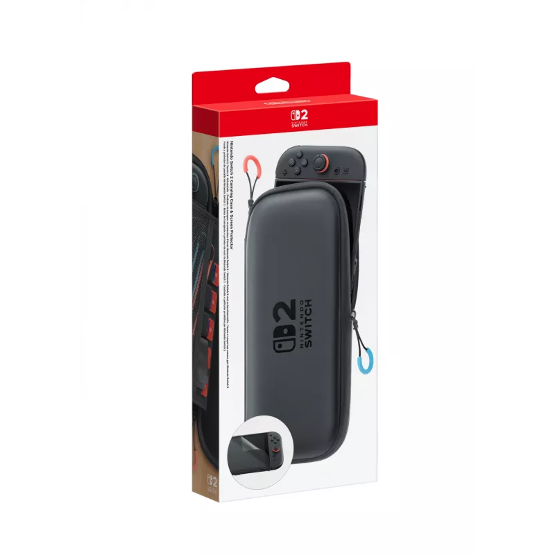 Nintendo Switch 2 pārnēsāšanas maciņš un ekrāna aizsargs, cietais maciņš, Nintendo, melns, Nintendo Switch 2, rāvējslēdzējs, 142 mm