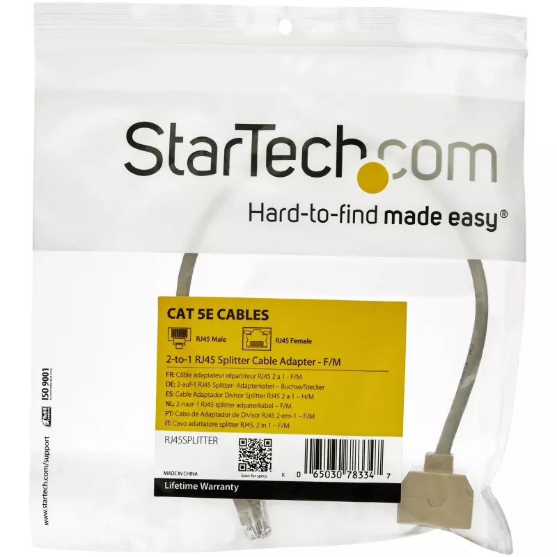StarTech.com 2 pret 1 RJ45 sadalītāja kabeļa adapteris - F/M, 10/100Base-T(X), Cat5e, pelēks, polivinilhlorīds (PVC), 0,33 m, vīrietis/sieviete