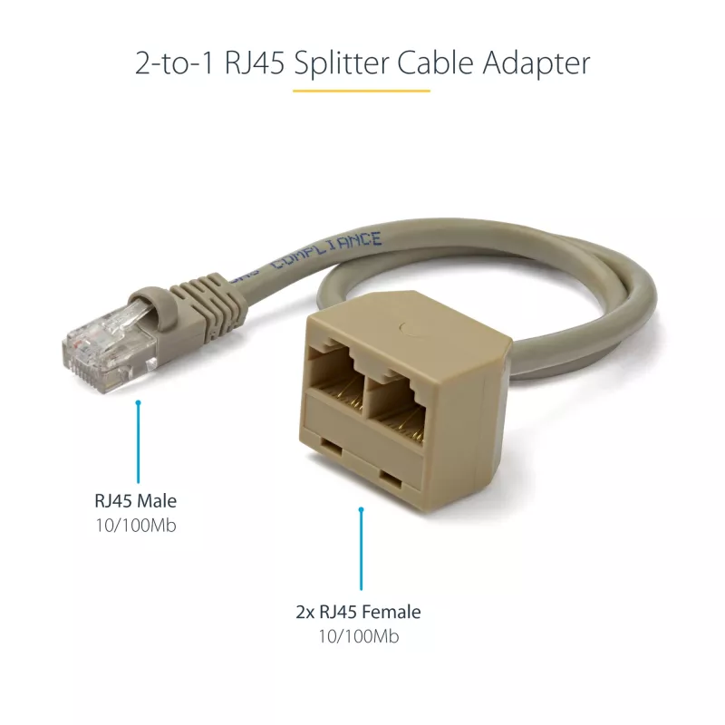 StarTech.com 2 pret 1 RJ45 sadalītāja kabeļa adapteris - F/M, 10/100Base-T(X), Cat5e, pelēks, polivinilhlorīds (PVC), 0,33 m, vīrietis/sieviete