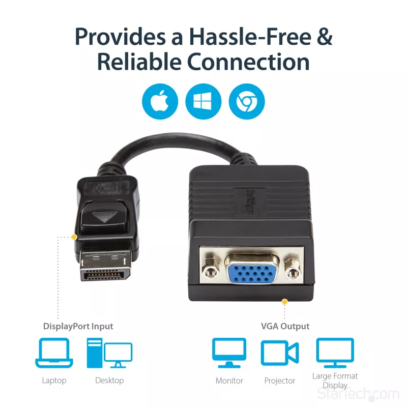 StarTech.com DisplayPort–VGA adapteris – aktīvs DP–VGA pārveidotājs – 1080p video – izturīgs – DP/DP++ avota–VGA monitora kabeļa adaptera spraudnis – DP 1.2 uz VGA – fiksējošs DP savienotājs