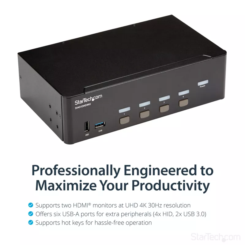 StarTech.com 4 portu HDMI KVM slēdzis - 4K 30Hz - dubultdisplejs