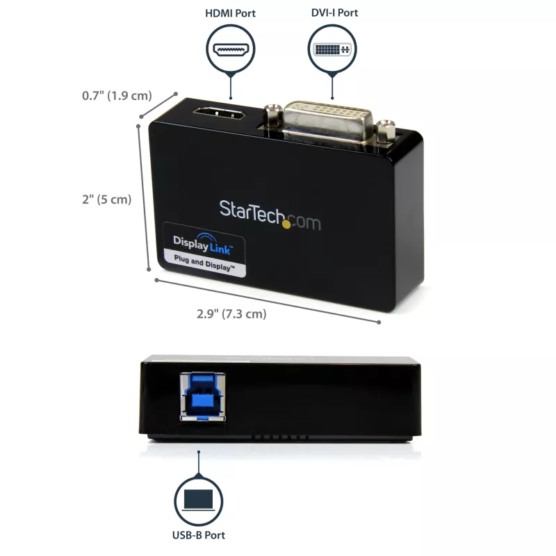 StarTech.com USB 3.0 uz HDMI / DVI adapteris - 2048x1152, 3.2 Gen 1 (3.1 Gen 1), USB Type-B, DVI izeja, HDMI izeja, 2048 x 1152 pikseļi