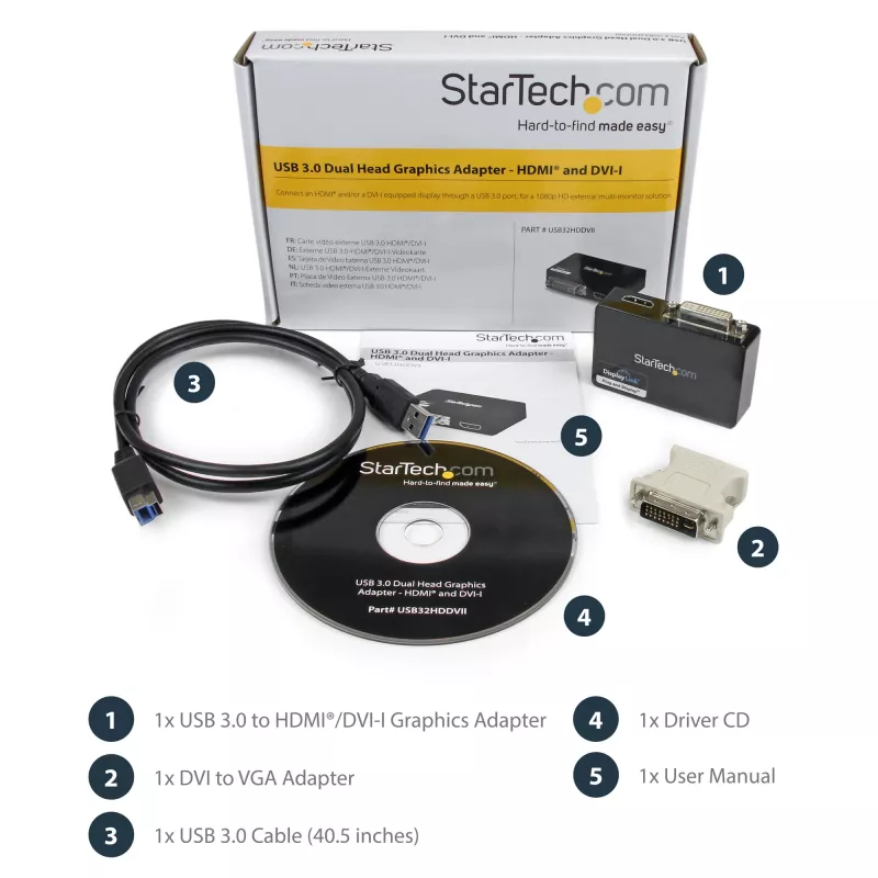 StarTech.com USB 3.0 uz HDMI / DVI adapteris - 2048x1152, 3.2 Gen 1 (3.1 Gen 1), USB Type-B, DVI izeja, HDMI izeja, 2048 x 1152 pikseļi
