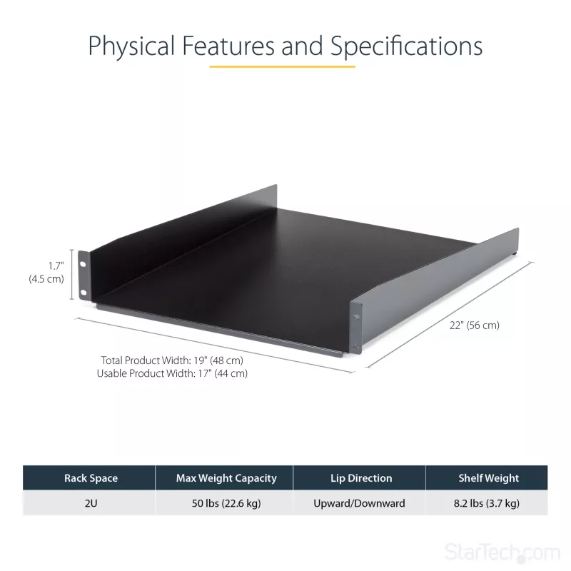 StarTech.com 2U Servera plaukta plaukts - Universāls statīva stiprinājuma konsoles plaukts 19 collu tīkla iekārtu statīviem un skapjiem - Izturīgs tērauds – Nestspēja 50 mārciņas/23 kg - 22 collu dziļš paplāts, melns