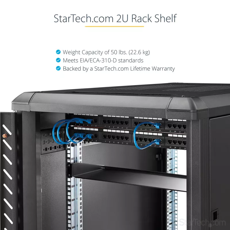 StarTech.com 2U Servera plaukta plaukts - Universāls statīva stiprinājuma konsoles plaukts 19 collu tīkla iekārtu statīviem un skapjiem - Izturīgs tērauds – Nestspēja 50 mārciņas/23 kg - 22 collu dziļš paplāts, melns