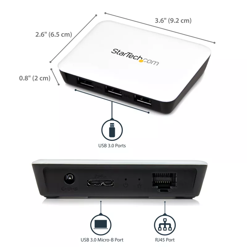 StarTech.com USB 3.0 uz Gigabit Ethernet NIC tīkla adapteris ar 3 portu centrmezglu - balts
