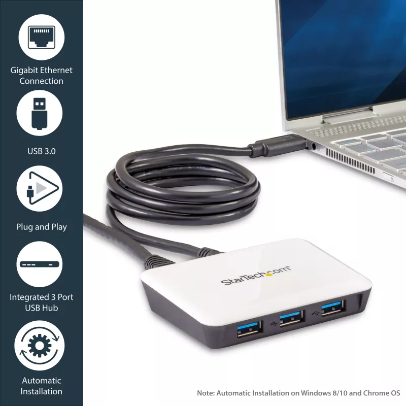 StarTech.com USB 3.0 uz Gigabit Ethernet NIC tīkla adapteris ar 3 portu centrmezglu - balts
