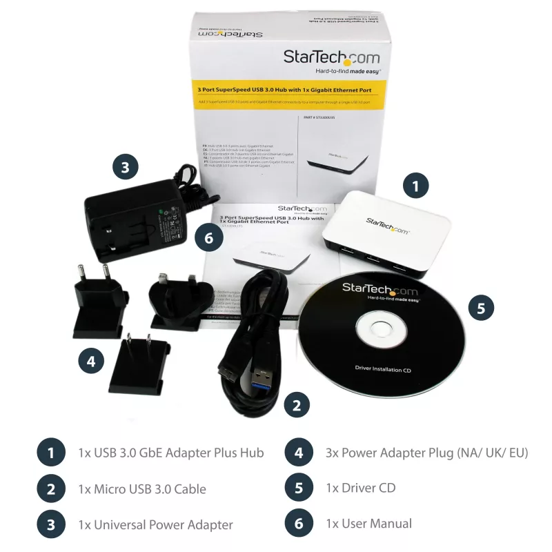 StarTech.com USB 3.0 uz Gigabit Ethernet NIC tīkla adapteris ar 3 portu centrmezglu - balts