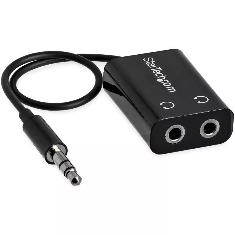 StarTech.com melns, plāns mini ligzdas austiņu sadalītāja kabeļa adapteris - 3,5 mm vīrišķais uz 2x 3,5 mm sievišķo