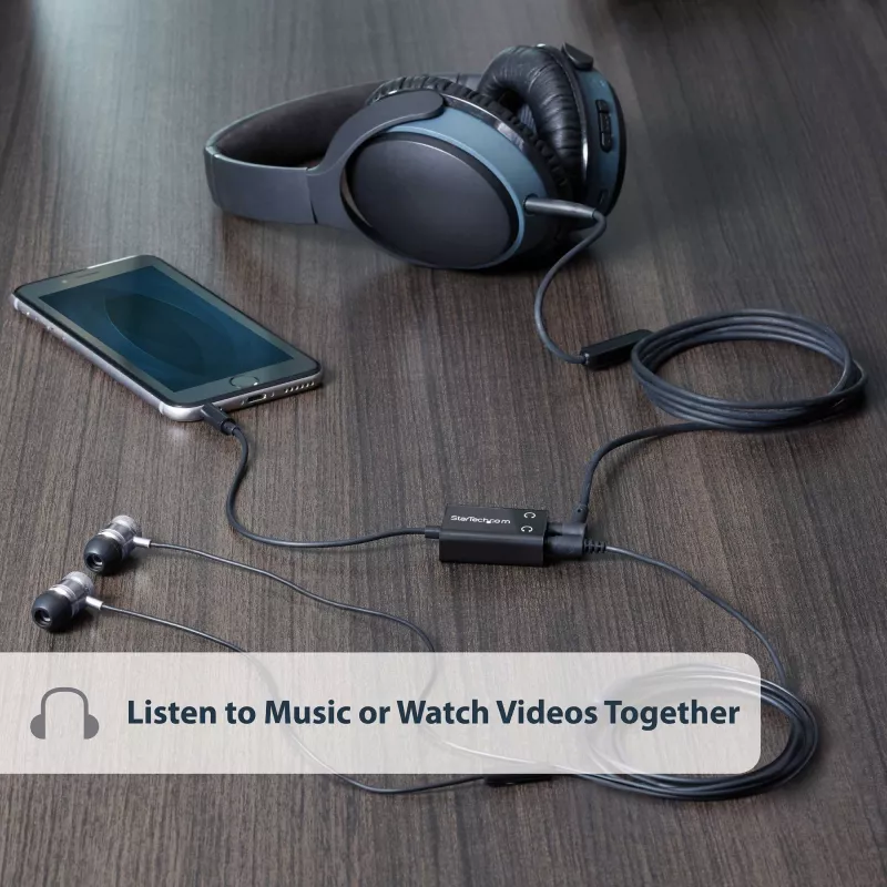 StarTech.com melns, plāns mini ligzdas austiņu sadalītāja kabeļa adapteris - 3,5 mm vīrišķais uz 2x 3,5 mm sievišķo
