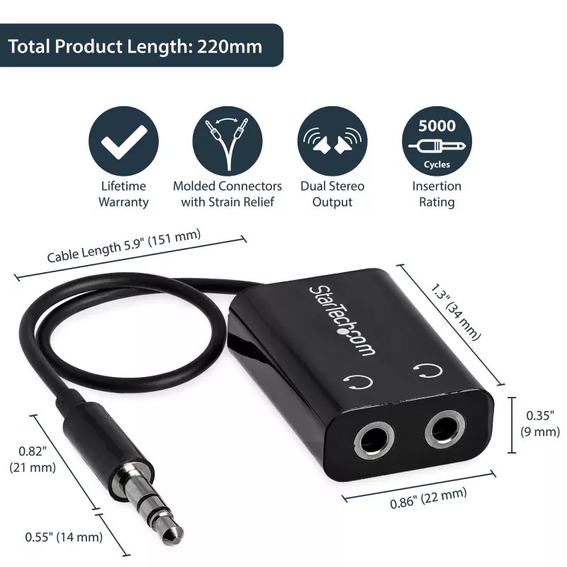 StarTech.com melns, plāns mini ligzdas austiņu sadalītāja kabeļa adapteris - 3,5 mm vīrišķais uz 2x 3,5 mm sievišķo