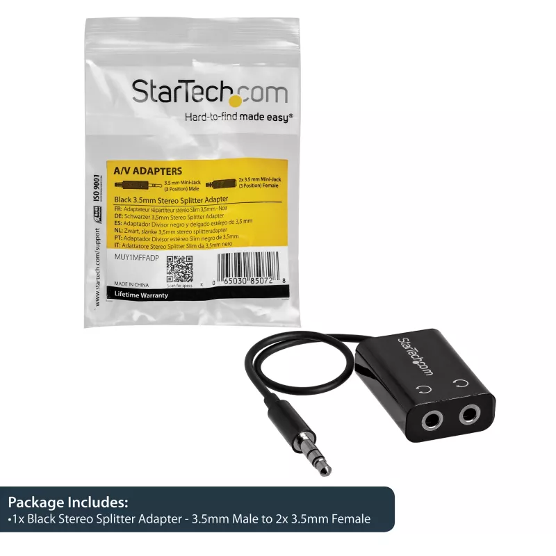 StarTech.com melns, plāns mini ligzdas austiņu sadalītāja kabeļa adapteris - 3,5 mm vīrišķais uz 2x 3,5 mm sievišķo