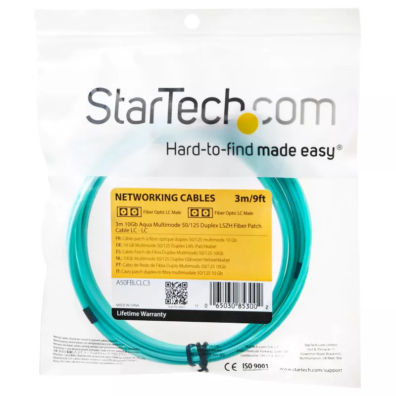 StarTech.com 3m (10 pēdas) LC/UPC uz LC/UPC OM3 daudzmodu optiskās šķiedras kabelis, pilna dupleksa 50/125 µm plakanā optiskā kabeļa vads, 100G, zemi ievietošanas zudumi, LSZH optiskā džempera vads