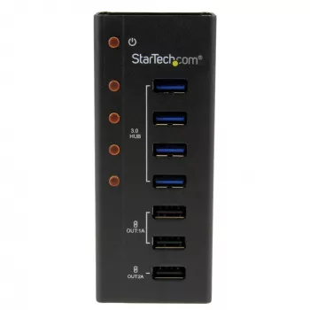 StarTech.com 4 portu USB 3.0 centrmezgls plus 3 speciāli USB uzlādes porti (2 x 1A un 1 x 2A) - pie sienas stiprināms metāla korpuss