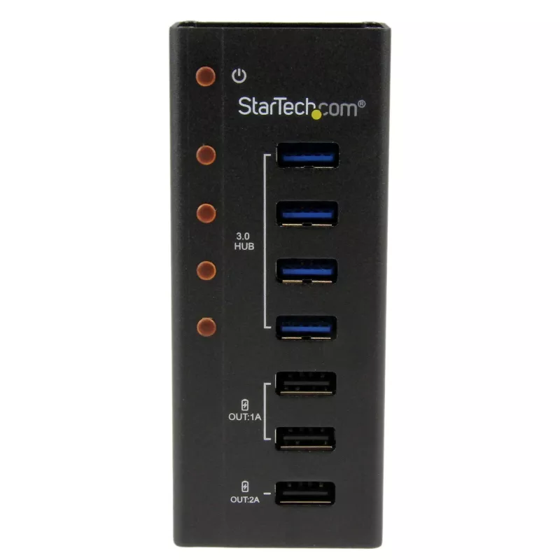 StarTech.com 4 portu USB 3.0 centrmezgls plus 3 speciāli USB uzlādes porti (2 x 1A un 1 x 2A) - pie sienas stiprināms metāla korpuss