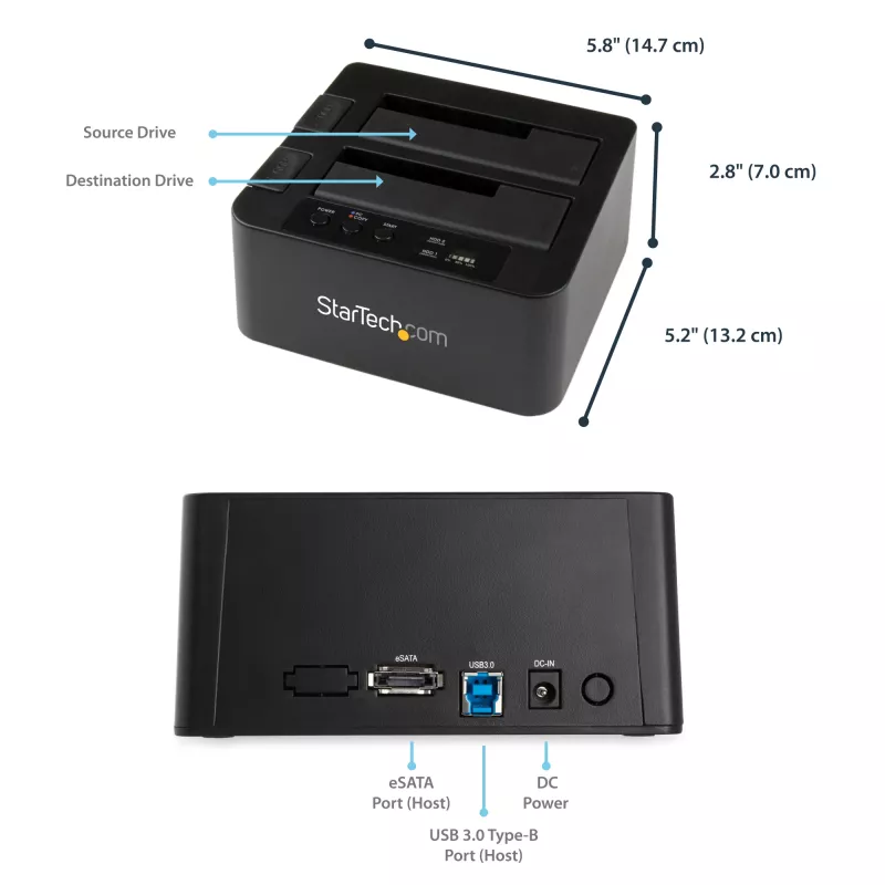 StarTech.com divu vietu cietā diska dublētājs, autonomais USB 3.0 (5 Gbps) / eSATA uz 2,5/3,5 collu SATA III HDD/SSD klonētājs/kopētājs, cietā diska dokstacija, cietā diska klonētājs