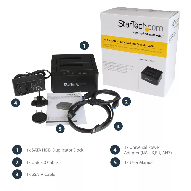 StarTech.com divu vietu cietā diska dublētājs, autonomais USB 3.0 (5 Gbps) / eSATA uz 2,5/3,5 collu SATA III HDD/SSD klonētājs/kopētājs, cietā diska dokstacija, cietā diska klonētājs