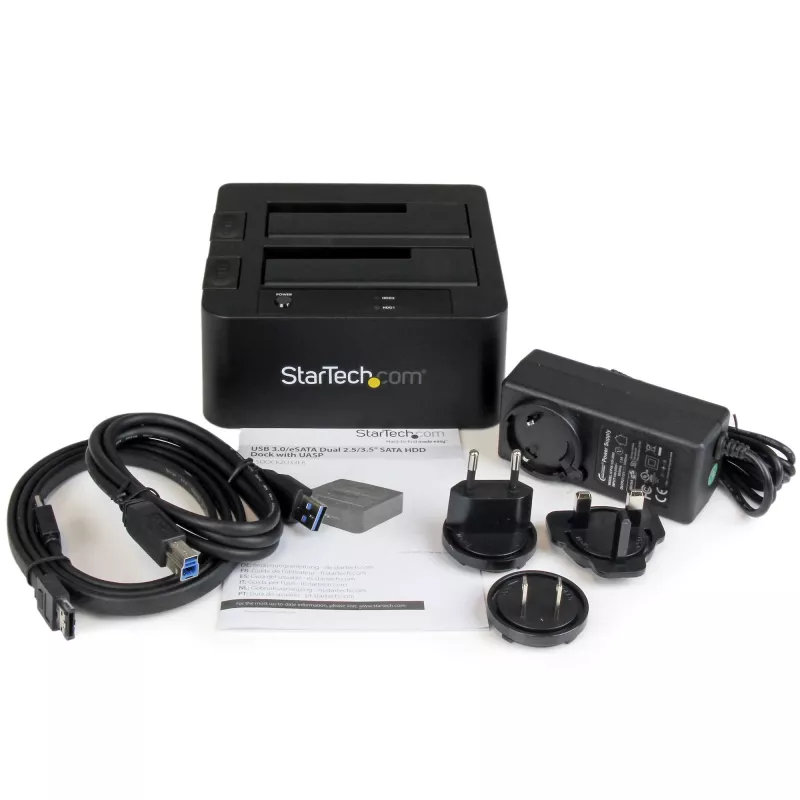 StarTech.com Dual-Bay USB 3.0 / eSATA uz SATA cieto disku dokstacija, USB cieto disku doks, ārēja 2,5/3,5 collu SATA I/II/III SSD/HDD dokstacija, karstās nomaiņas disku nodalījumi, augšējas ielādes
