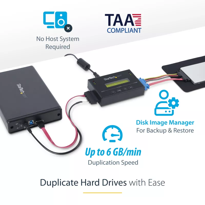 StarTech.com 1:1 autonomais cietā diska dublikators ar diska attēlu pārvaldnieku dublēšanai un atjaunošanai, vairāku diska attēlu glabāšana vienā 2,5/3,5 collu SATA diskā, HDD/SSD klonētājs, nav nepieciešams dators