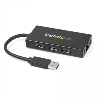 StarTech.com 3 portatīvs pārnēsājams USB 3.0 centrmezgls ar Gigabit Ethernet - alumīnija korpusā ar iebūvētu kabeli