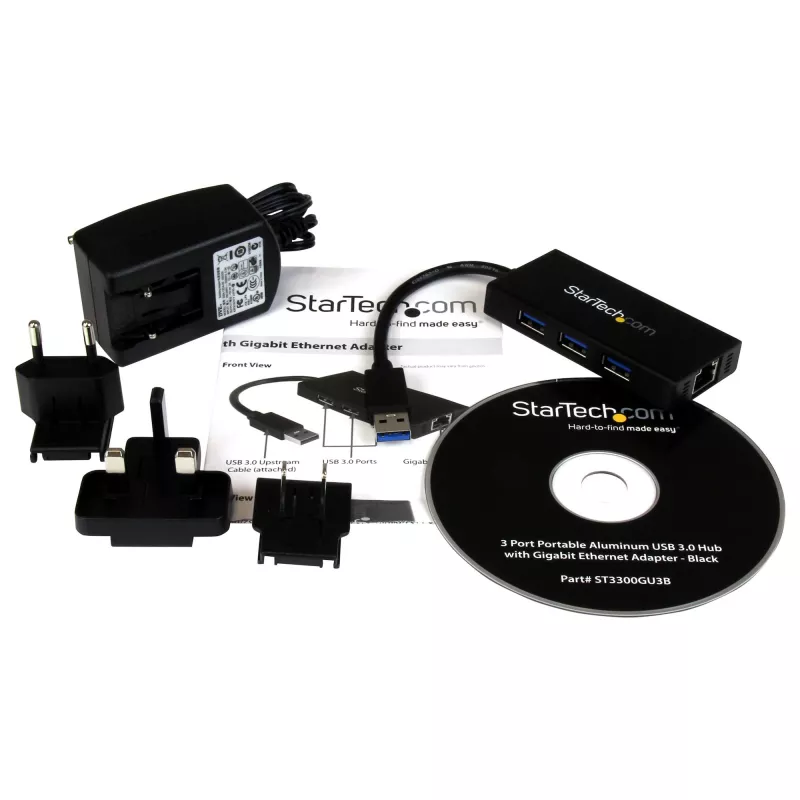 StarTech.com 3 portatīvs pārnēsājams USB 3.0 centrmezgls ar Gigabit Ethernet - alumīnija korpusā ar iebūvētu kabeli