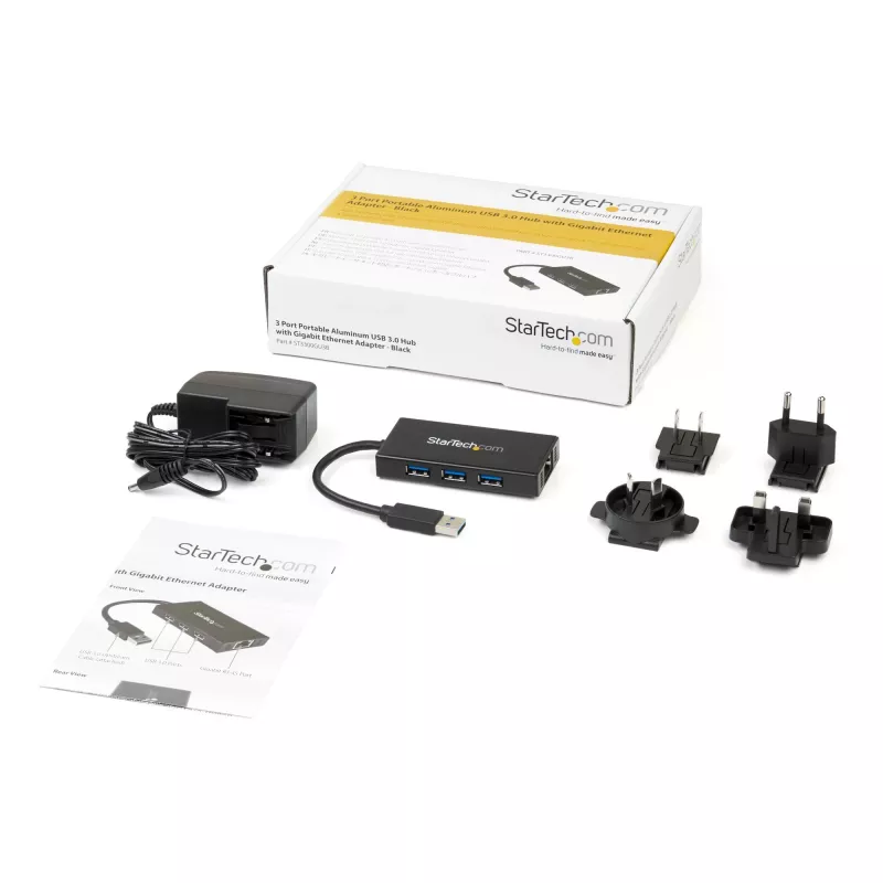 StarTech.com 3 portatīvs pārnēsājams USB 3.0 centrmezgls ar Gigabit Ethernet - alumīnija korpusā ar iebūvētu kabeli