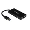 StarTech.com 3 portatīvs pārnēsājams USB 3.0 centrmezgls ar Gigabit Ethernet - alumīnija korpusā ar iebūvētu kabeli