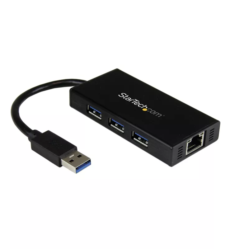 StarTech.com 3 portatīvs pārnēsājams USB 3.0 centrmezgls ar Gigabit Ethernet - alumīnija korpusā ar iebūvētu kabeli