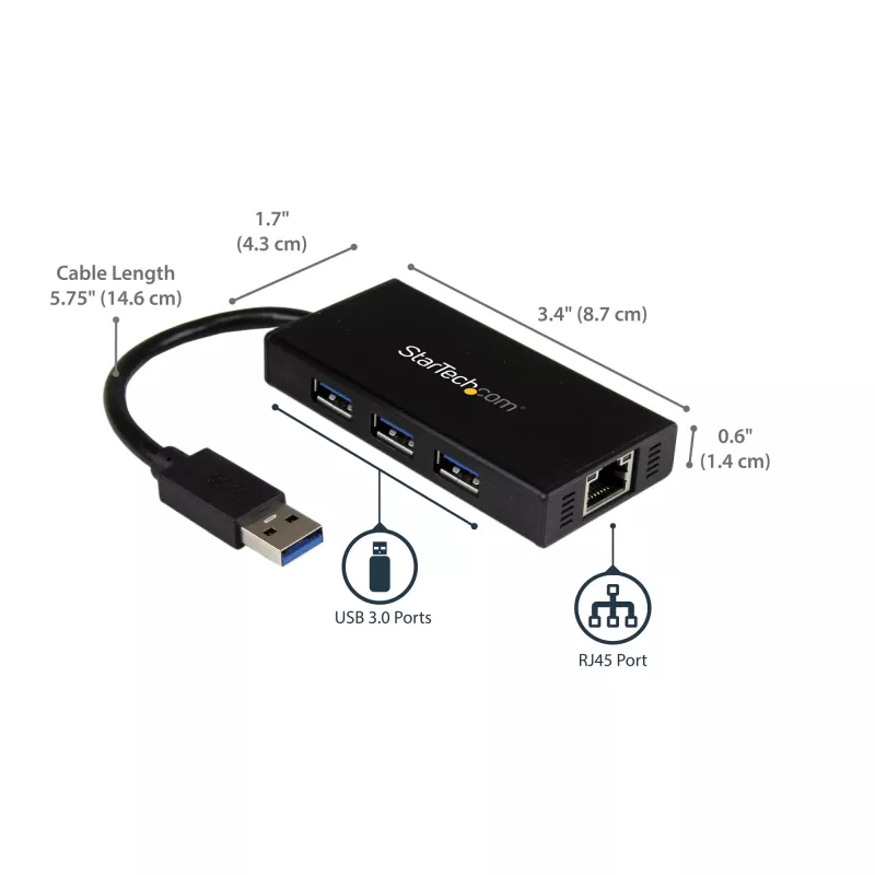 StarTech.com 3 portatīvs pārnēsājams USB 3.0 centrmezgls ar Gigabit Ethernet - alumīnija korpusā ar iebūvētu kabeli