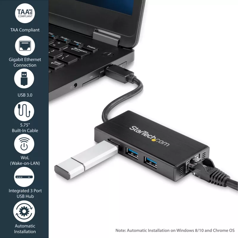 StarTech.com 3 portatīvs pārnēsājams USB 3.0 centrmezgls ar Gigabit Ethernet - alumīnija korpusā ar iebūvētu kabeli