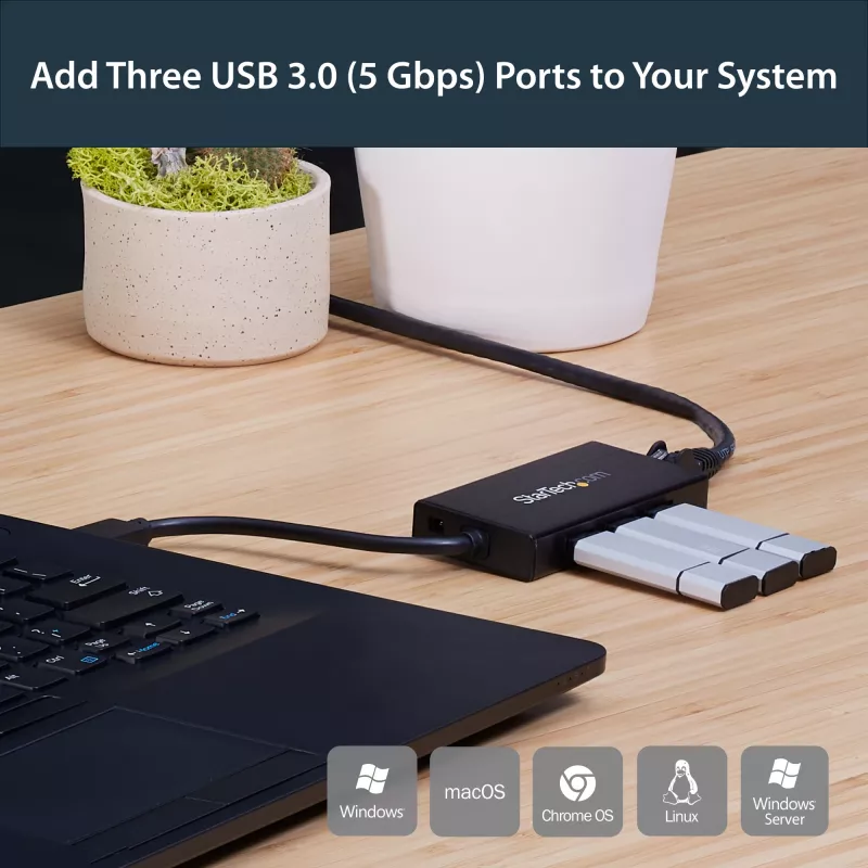 StarTech.com 3 portatīvs pārnēsājams USB 3.0 centrmezgls ar Gigabit Ethernet - alumīnija korpusā ar iebūvētu kabeli