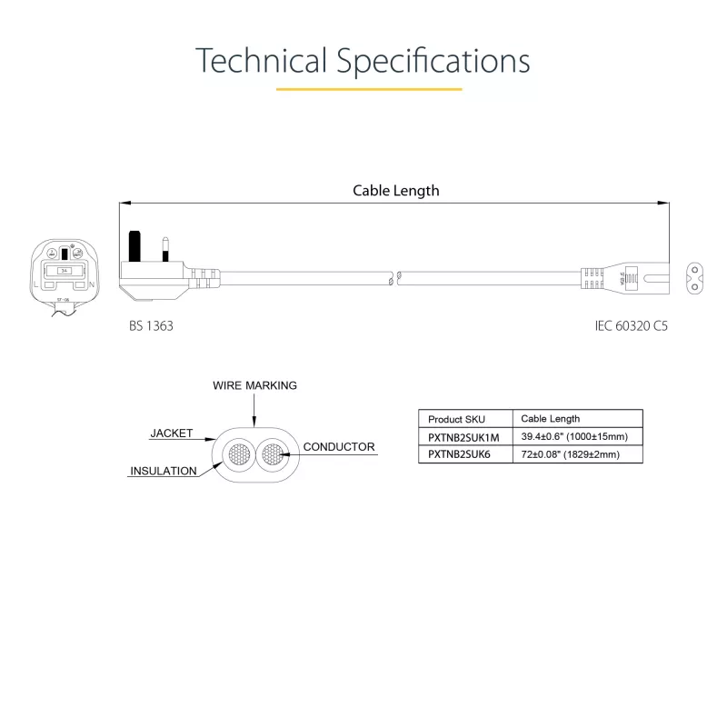StarTech.com 3 pēdu (1 m) UK klēpjdatora strāvas kabelis, BS 1363 uz C7, 2,5 A, 250 V, 18 AWG, melns, UK klēpjdatora maiņas vads, printera strāvas kabelis, maiņstrāvas klēpjdatora lādētāja vads, klēpjdatora strāvas bloka vads