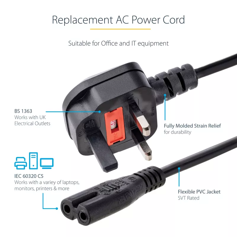 StarTech.com 3 pēdu (1 m) UK klēpjdatora strāvas kabelis, BS 1363 uz C7, 2,5 A, 250 V, 18 AWG, melns, UK klēpjdatora maiņas vads, printera strāvas kabelis, maiņstrāvas klēpjdatora lādētāja vads, klēpjdatora strāvas bloka vads