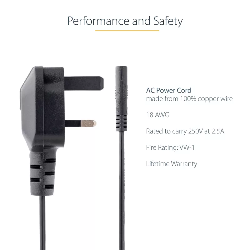 StarTech.com 3 pēdu (1 m) UK klēpjdatora strāvas kabelis, BS 1363 uz C7, 2,5 A, 250 V, 18 AWG, melns, UK klēpjdatora maiņas vads, printera strāvas kabelis, maiņstrāvas klēpjdatora lādētāja vads, klēpjdatora strāvas bloka vads