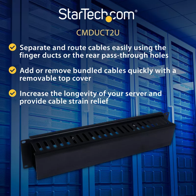 StarTech.com Horizontāls 2U serveru plaukta kabeļu pārvaldības pirkstveida kanāls ar vāciņu - 19 collu tīkla plaukta vadu kanāla panelis - rievots vadu kanāls