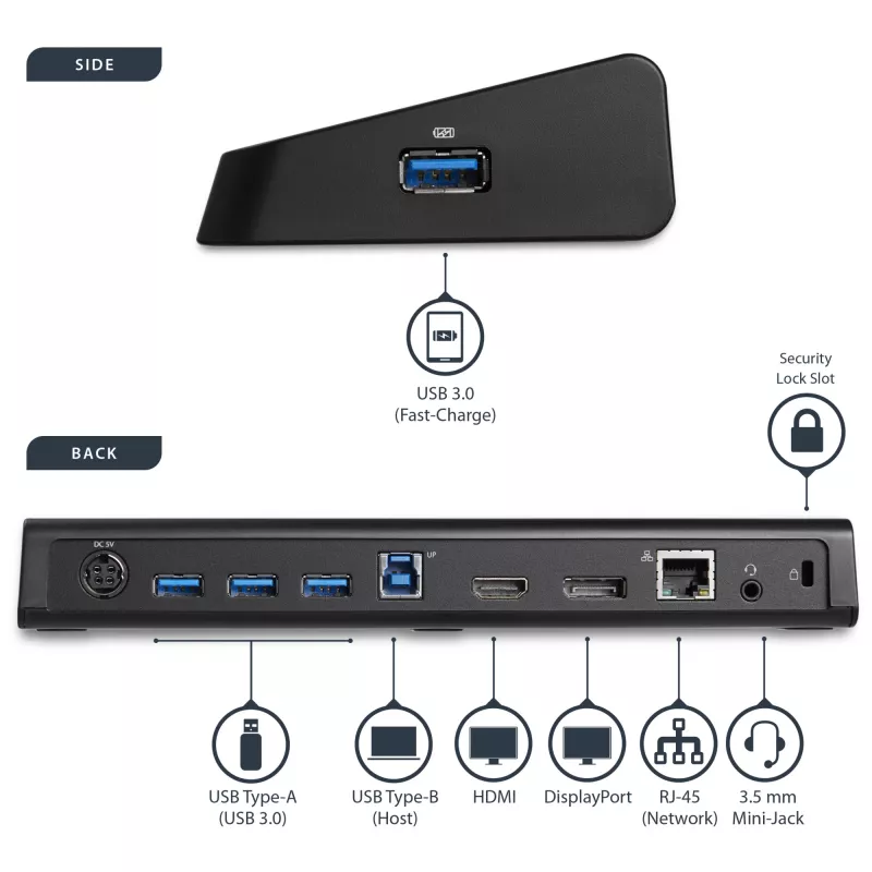 StarTech.com USB 3.0 dokstacija diviem monitoriem ar HDMI un 4K DisplayPort - USB 3.0 uz 4x USB-A, Ethernet, HDMI un DP - USB A tipa universāla klēpjdatoru dokstacija Mac un Windows