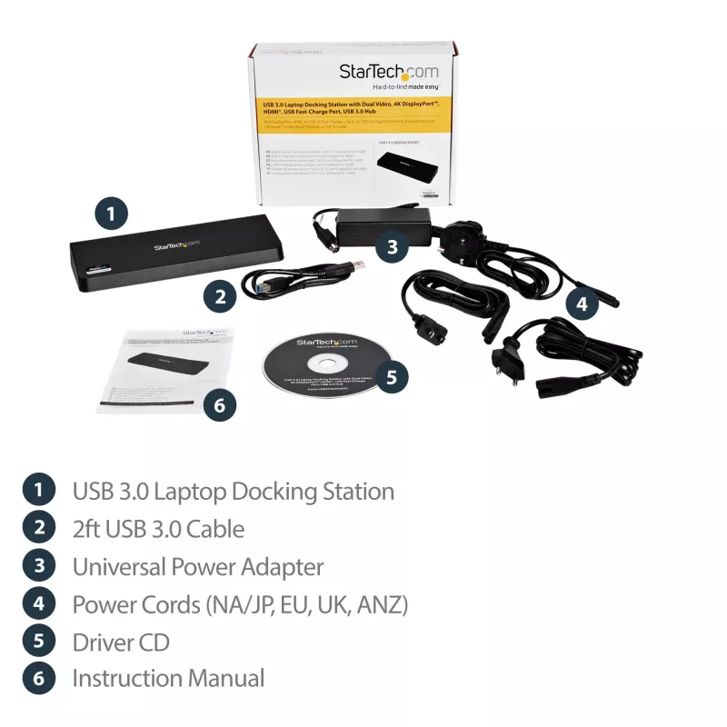 StarTech.com USB 3.0 dokstacija diviem monitoriem ar HDMI un 4K DisplayPort - USB 3.0 uz 4x USB-A, Ethernet, HDMI un DP - USB A tipa universāla klēpjdatoru dokstacija Mac un Windows